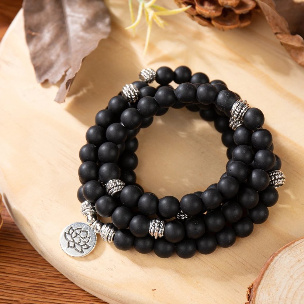 108 Mala Beads Prayer Black Onyx Necklace Multi Strands Healing Reiki Bracelet